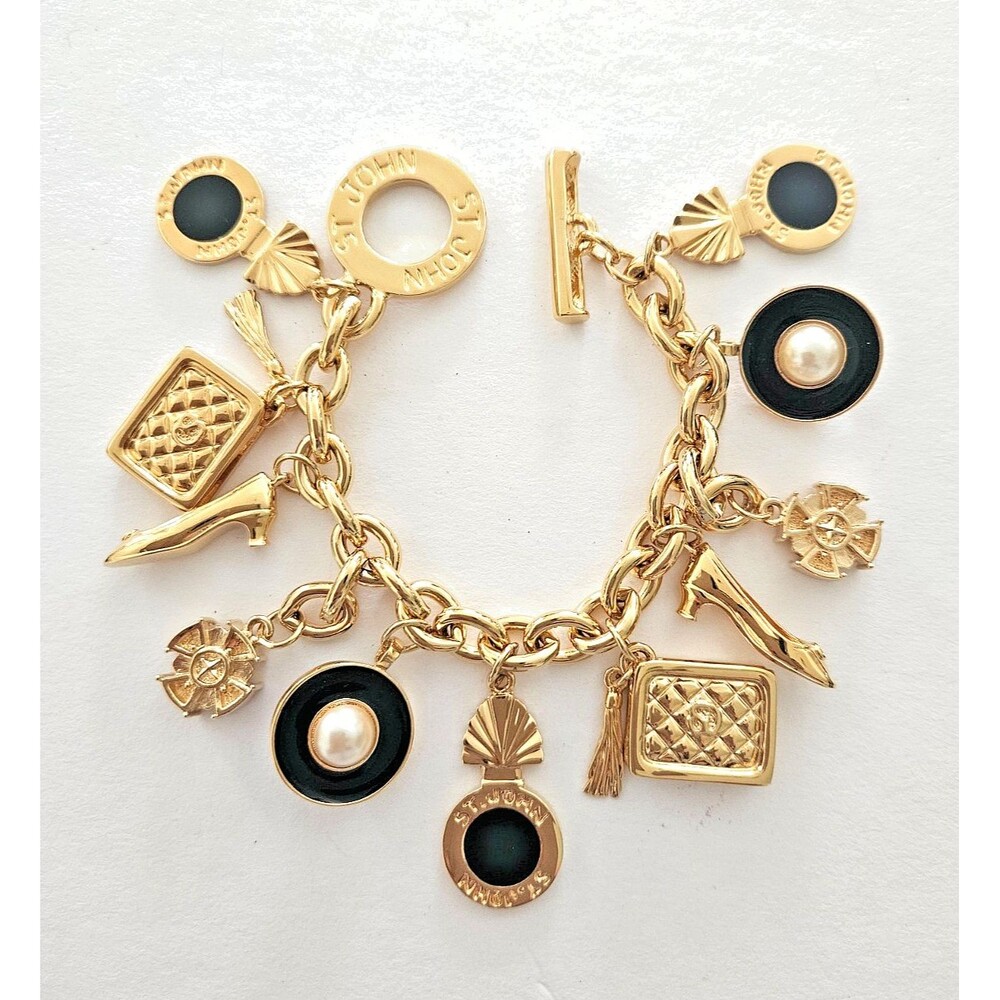 VTG ST JOHN Faux Pearl, Gold & Enamel Statement Charm Bracelet 11 Charms, Heavy
